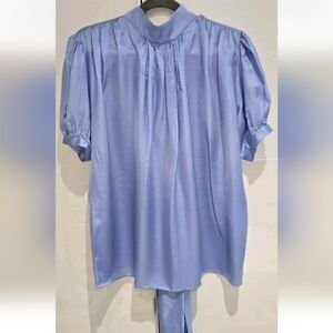 COSTARELLOS  MOCK NECKLINE BACK-BOW TOP SIZE 40 DESIGNER BLUE SILK-VISVOSE